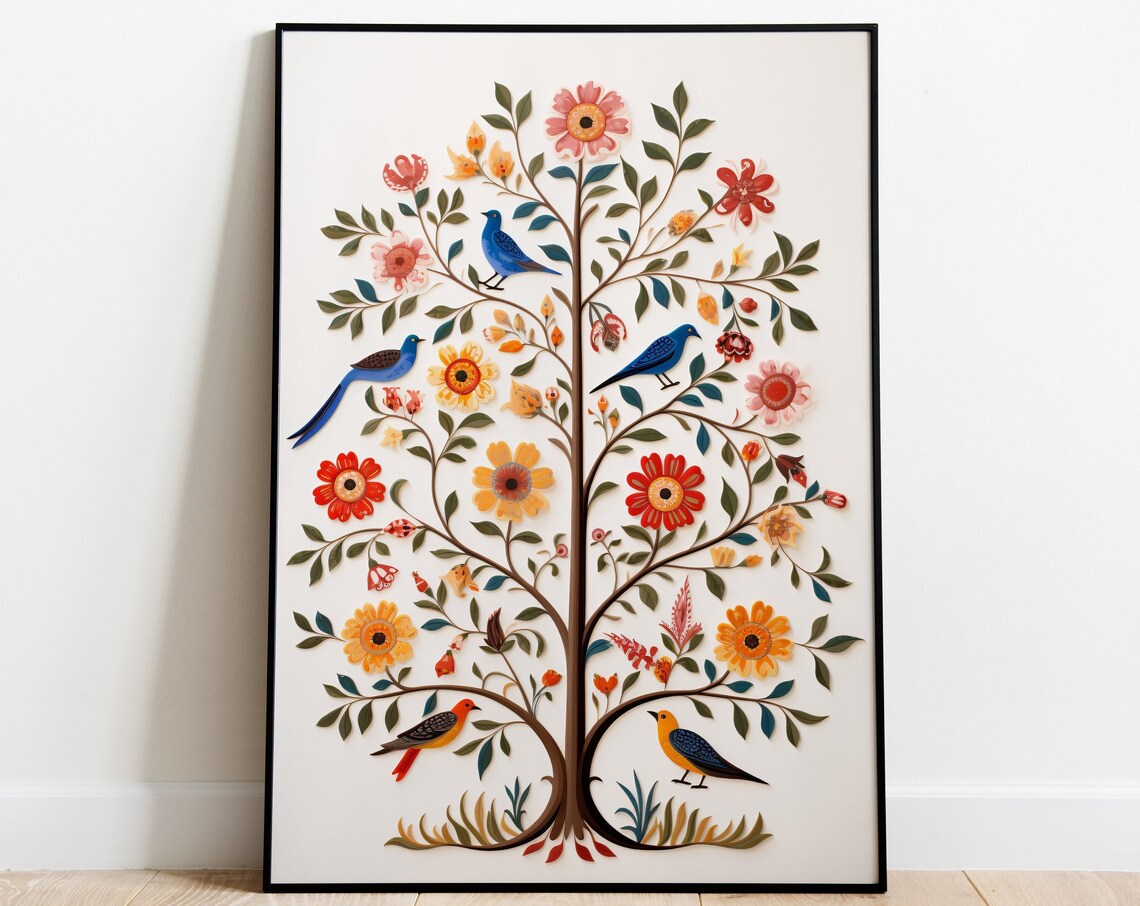 Indian Tree of Life With Colorful Birds and Blooms Folk Art Poster