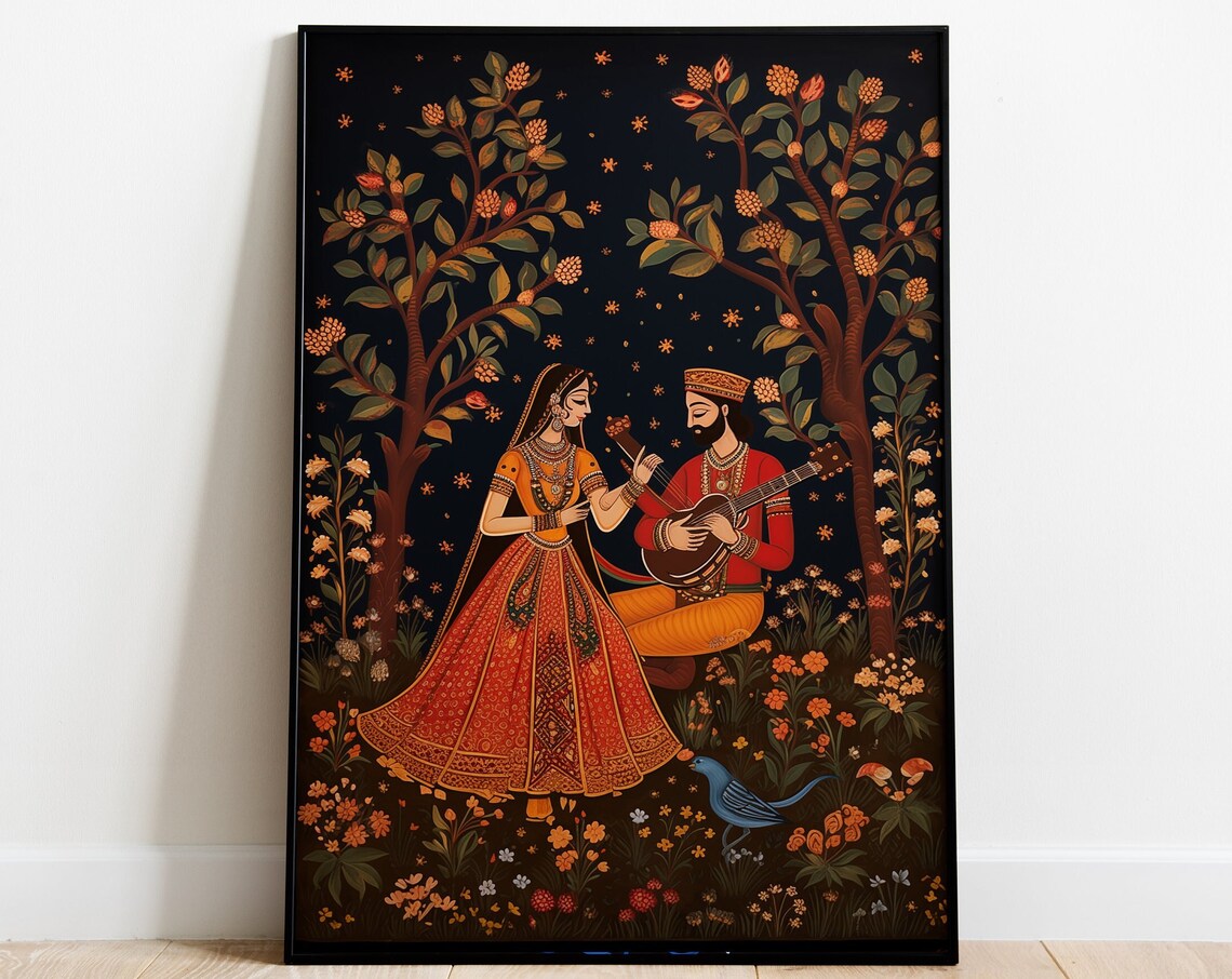 Raja Rani Indian Folk Painting Night Garden Music Vintage Art Poster
