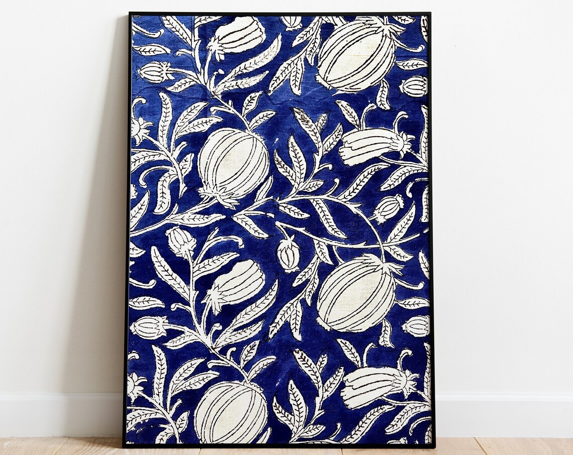 Indigo Blue Indian Pomegranate Block-Printed Jaipur Floral Poster