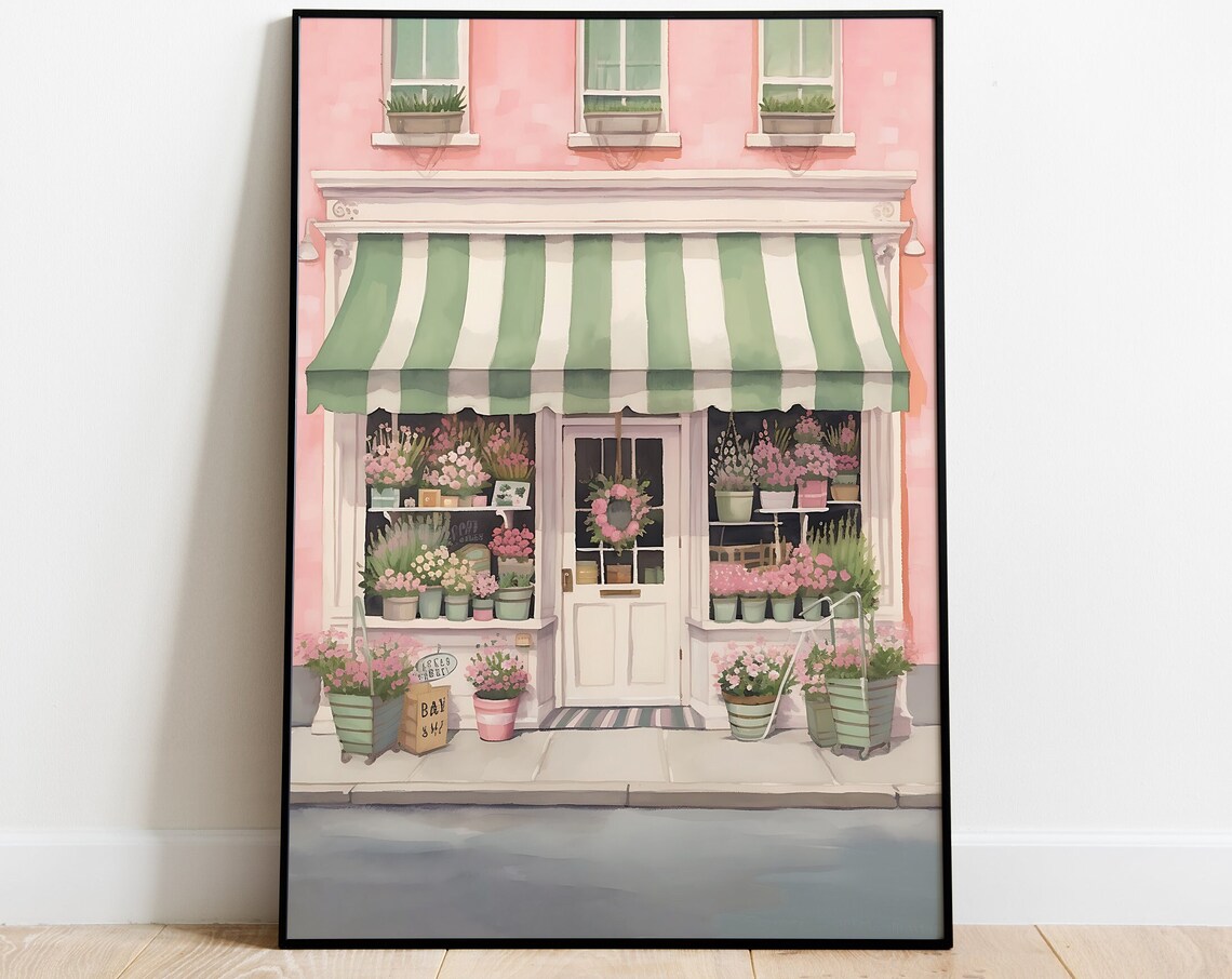 Paris Flower Shop Watercolor Pink Facade Awning Florist Poster