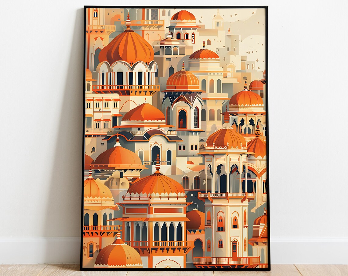 Indian Palace Cluster Orange Domes Arched Windows Dense Skyline Poster