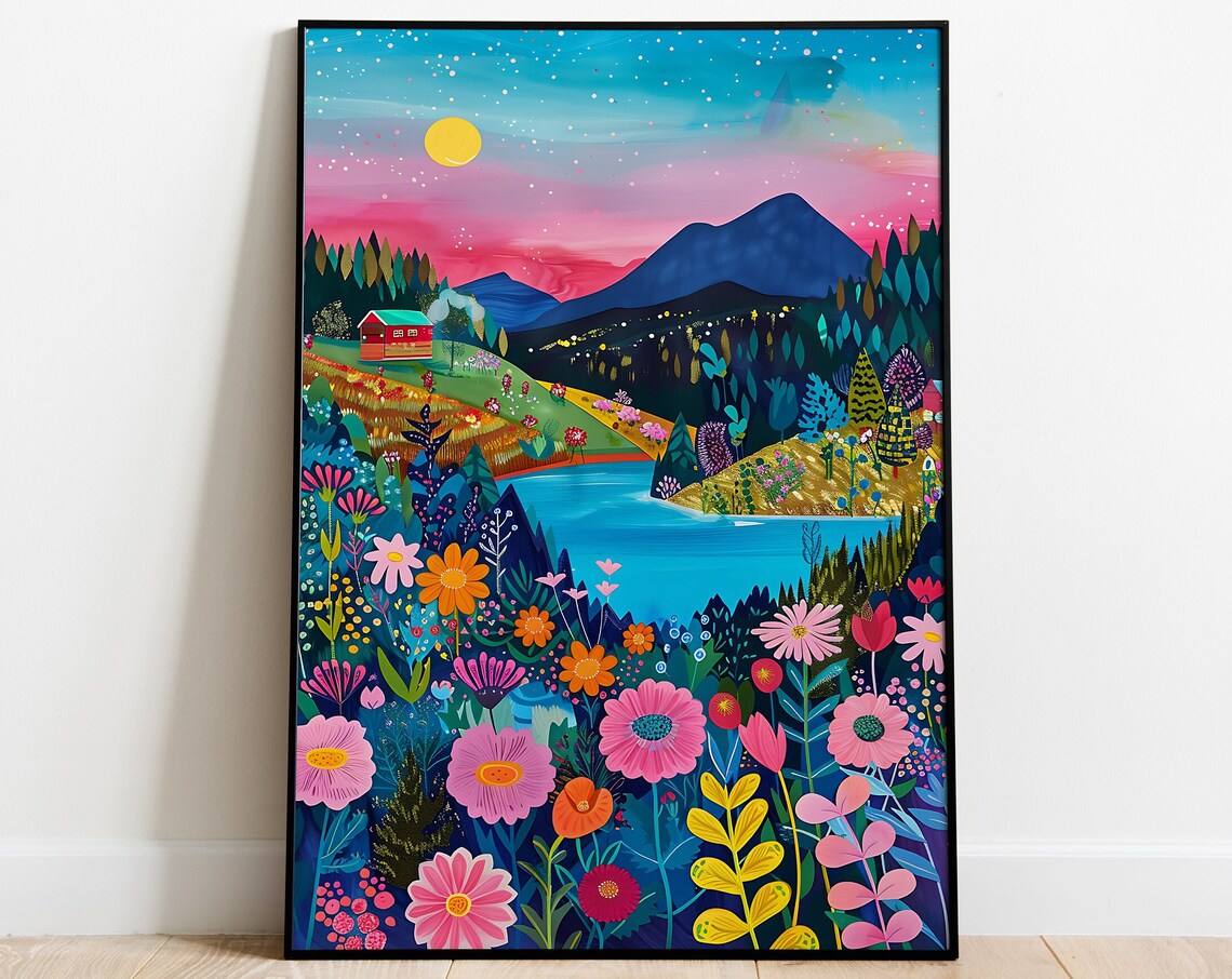 Pink Sunset Mountain Lake Meadow Colorful Floral Valley Art Poster