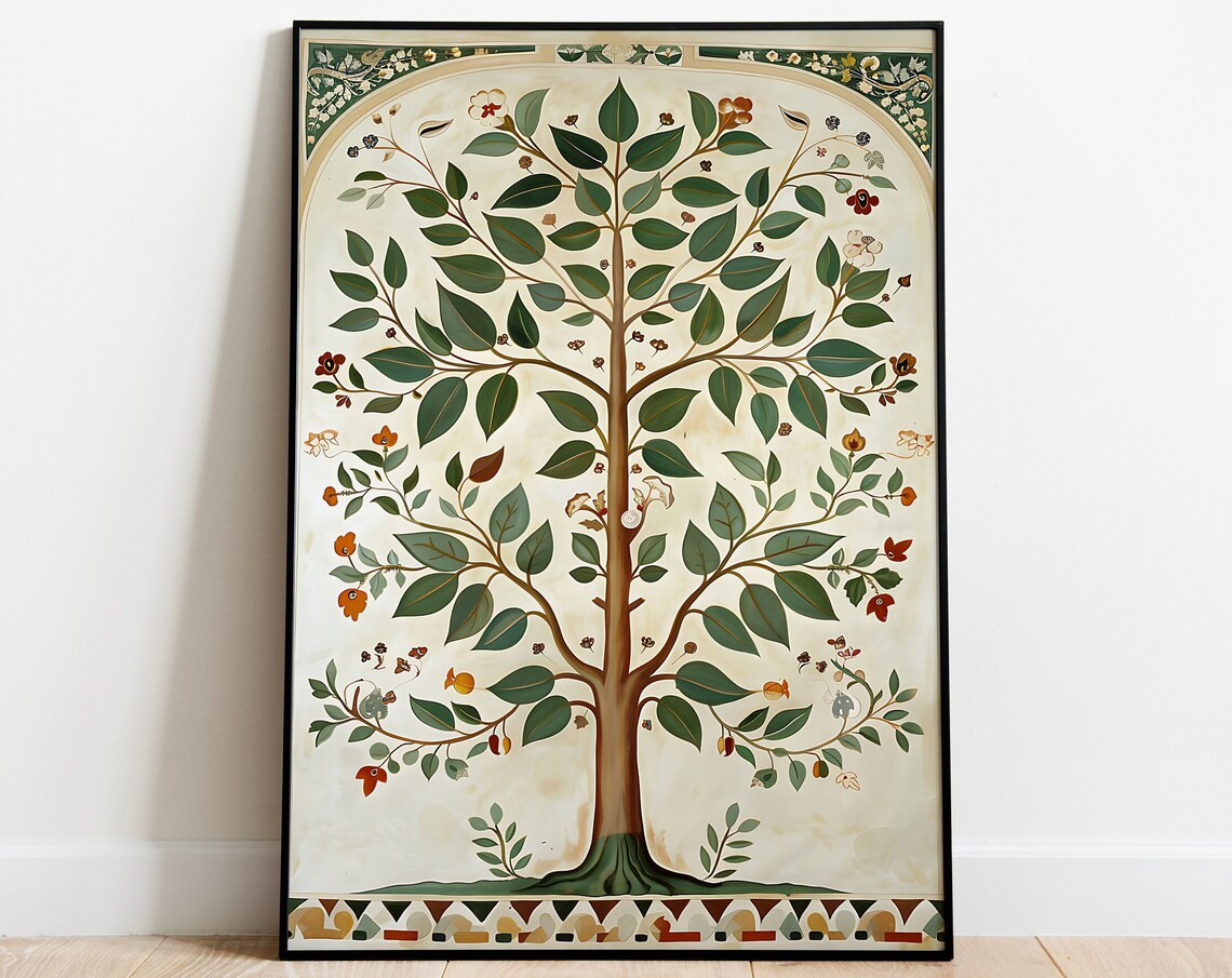 Green Tree of Life Delicate Blossoms Arched Border Folk Style Poster