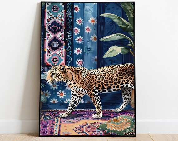 Leopard Walking Blue Floral Interior Patterned Rug Bold Decor Poster
