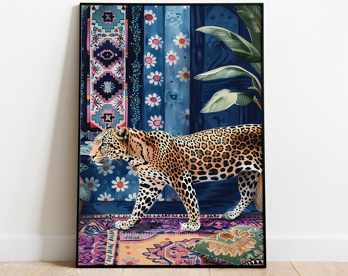 Leopard Walking Blue Floral Interior Patterned Rug Bold Decor Poster