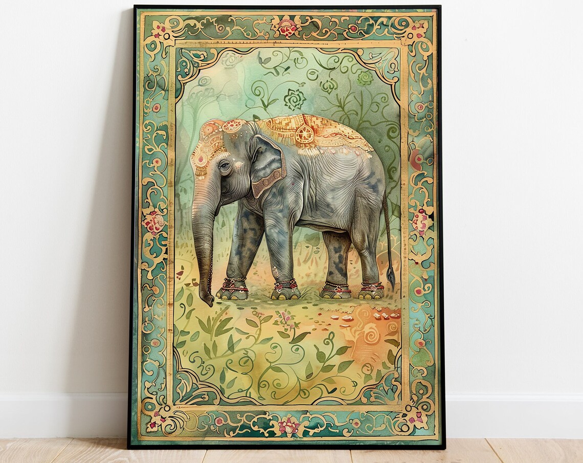 Decorated Indian Elephant Ornate Teal Gold Miniature Style Border Poster