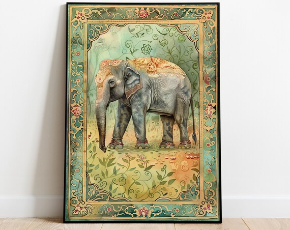 Decorated Indian Elephant Ornate Teal Gold Miniature Style Border Poster