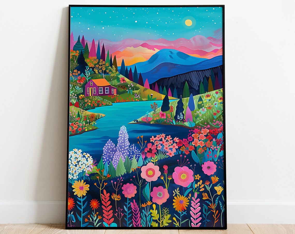 Sunset Mountain Lake Cabin Surrounded by Colorful Wildflowers Poster