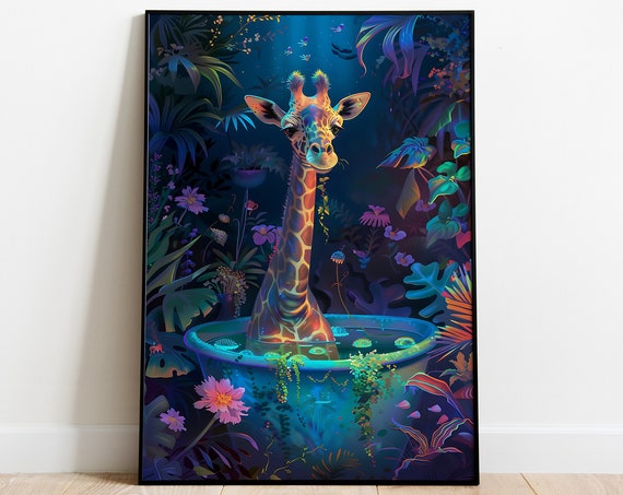 Giraffe Bathing in a Neon Jungle Bathtub at Night Fantasy Poster
