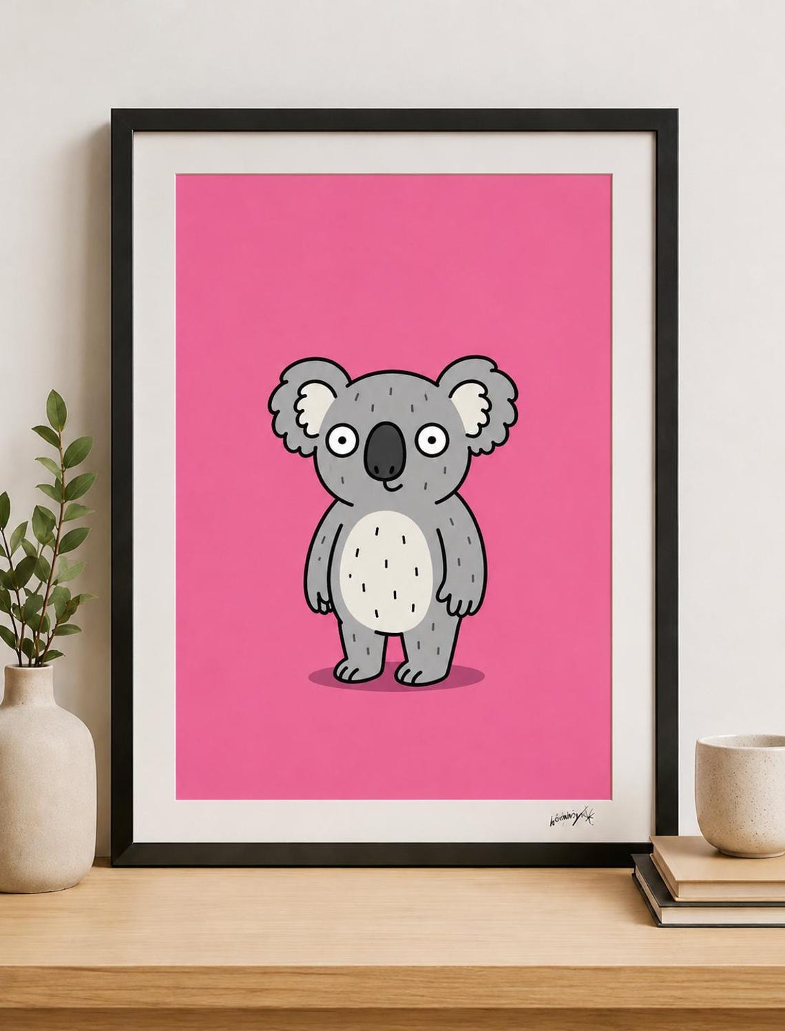 Wide Eyed Cartoon Koala Minimalist Hot Pink Background Art Print