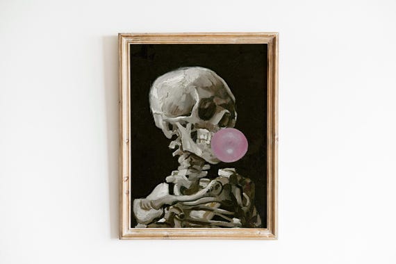 Vintage Halloween Home Decor Skeleton Oil Painting Print Moody Wall Art Dark Academia Home Decor