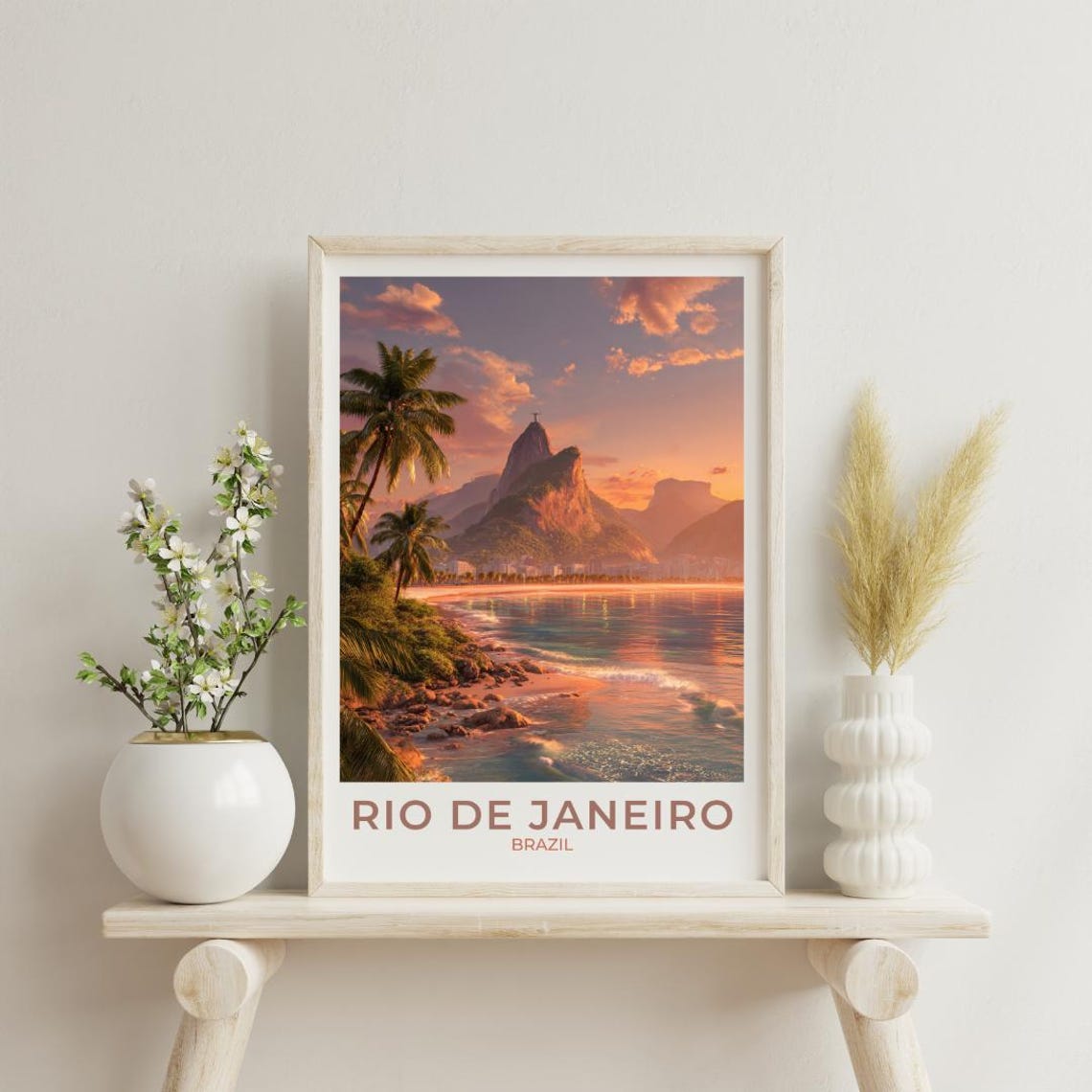 Rio de Janeiro Brazil Beach Palms Sunset Waves Travel Poster