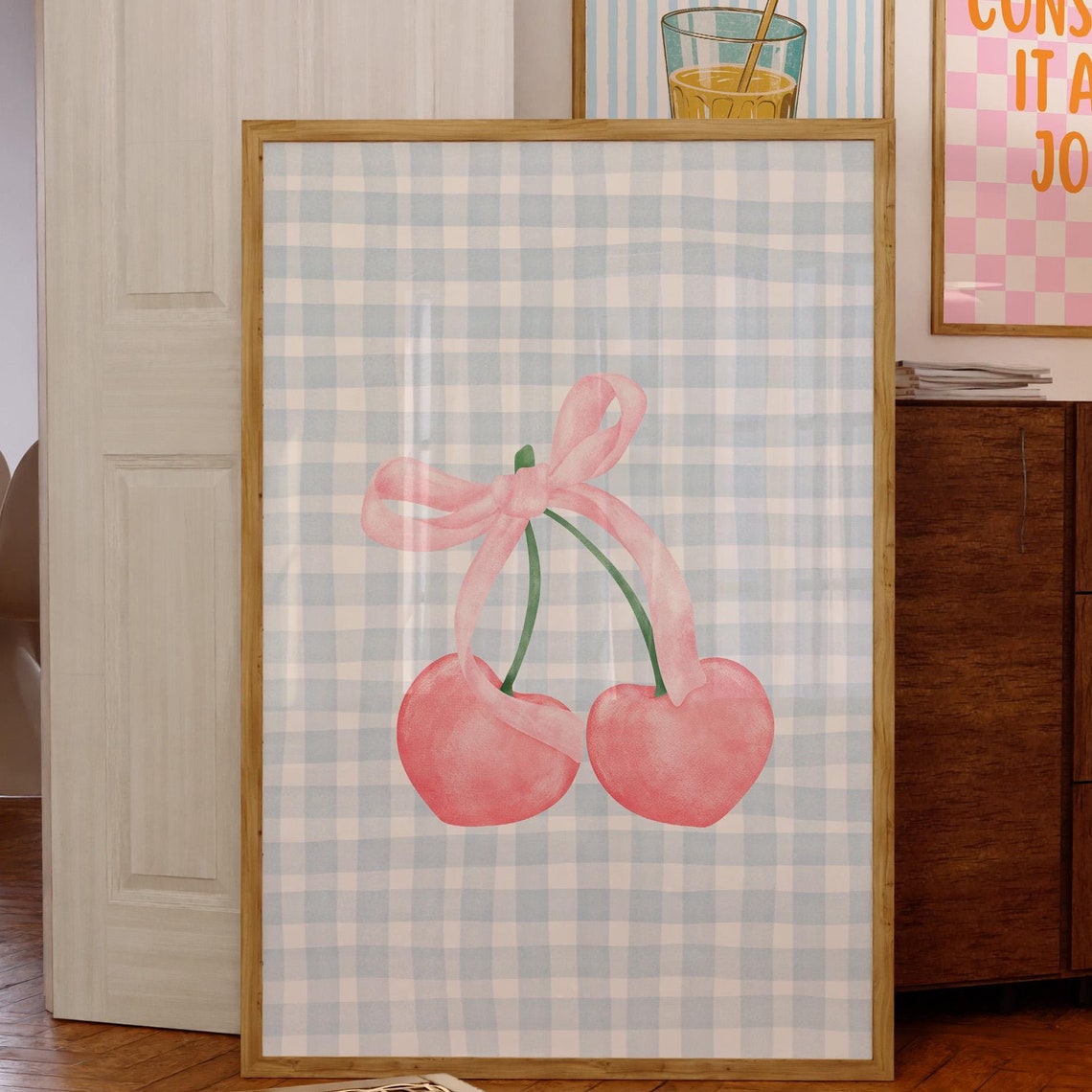 Pink Cherry Bow Blue Gingham Check Coquette Kitchen Art Print - Image 4