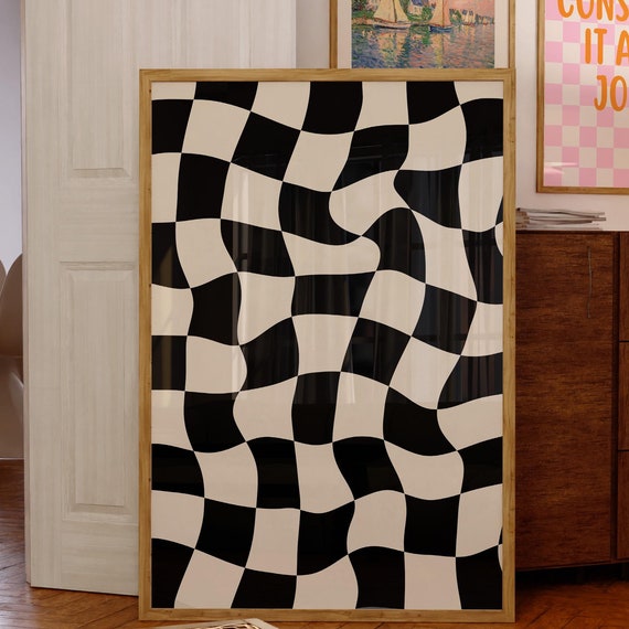 Retro Groovy Wall Art Black And White Checkered Print Retro Wall Decor Trendy Poster Housewarming Gift