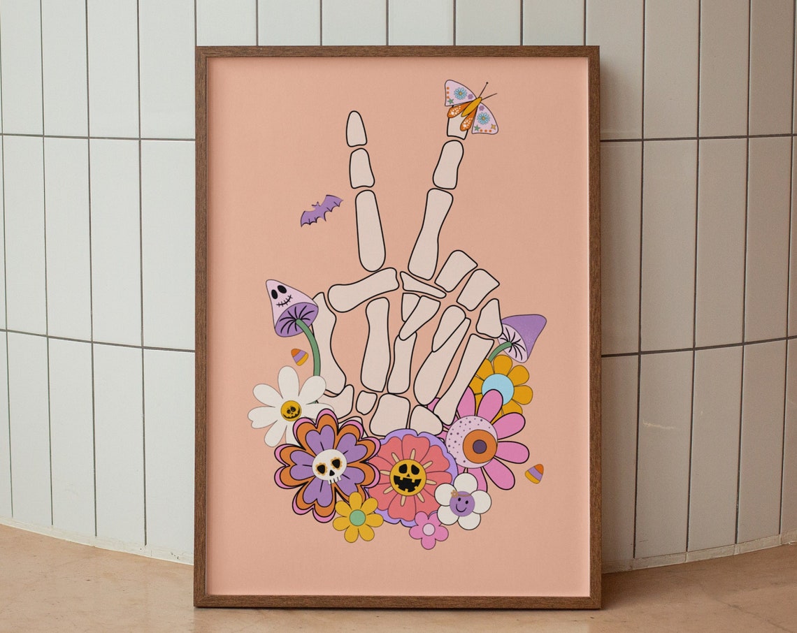 Retro Skeleton Peace Sign Hand Halloween Flowers Graphic Poster - Image 2