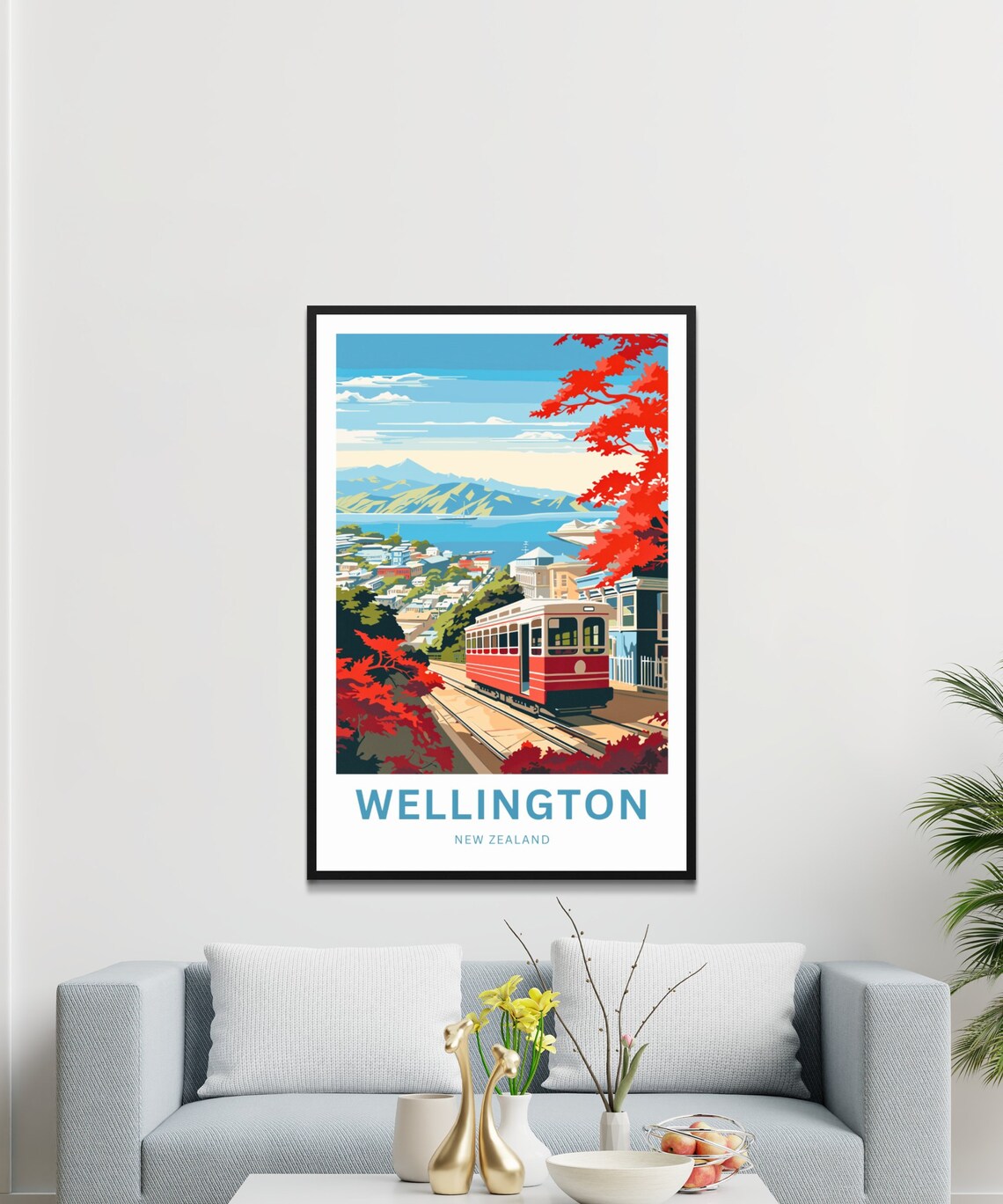 Wellington New Zealand Autumn Cable Car Red Foliage Harbor Poster - Image 3