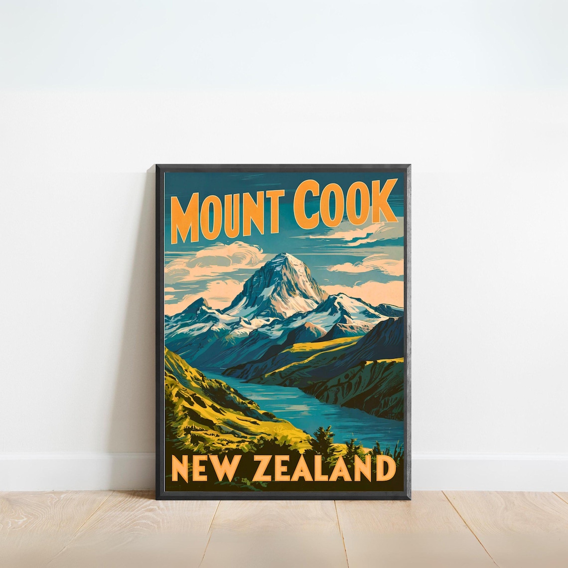 Mount Cook New Zealand Vintage Alpine Peak Retro Travel Poster