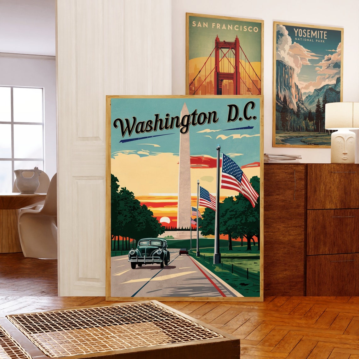 Washington DC Vintage Monument Flags Classic Car Sunset Travel Poster - Image 5
