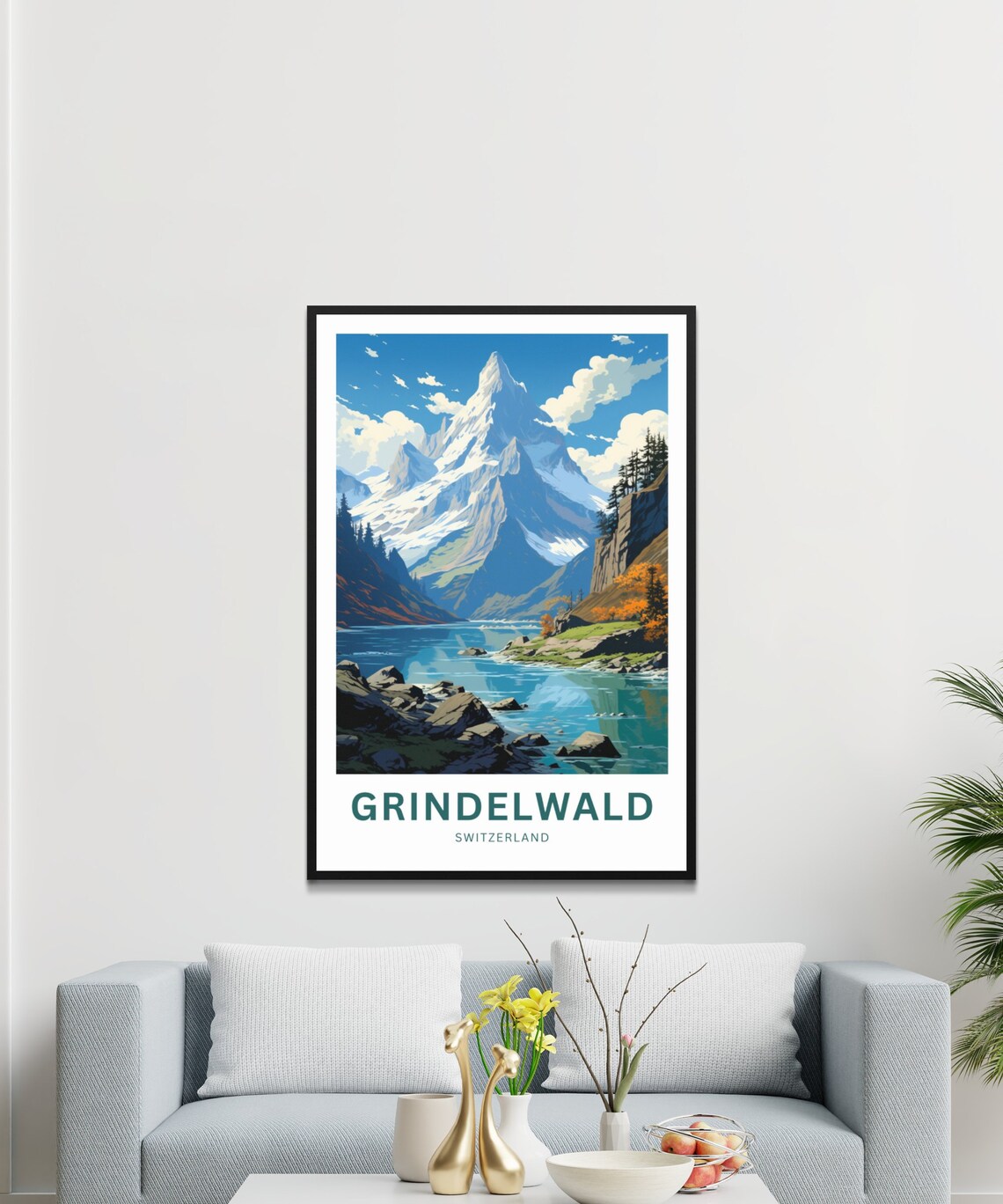 Grindelwald Switzerland Snowy Peak Above the Lake Travel Poster - Image 3