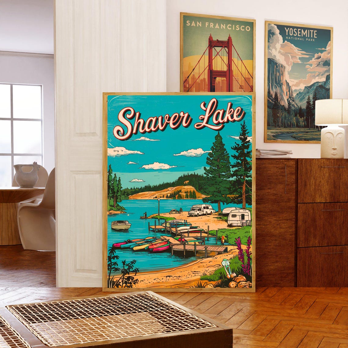 Shaver Lake Retro Script Campground Canoes Marina Scene Poster - Image 5