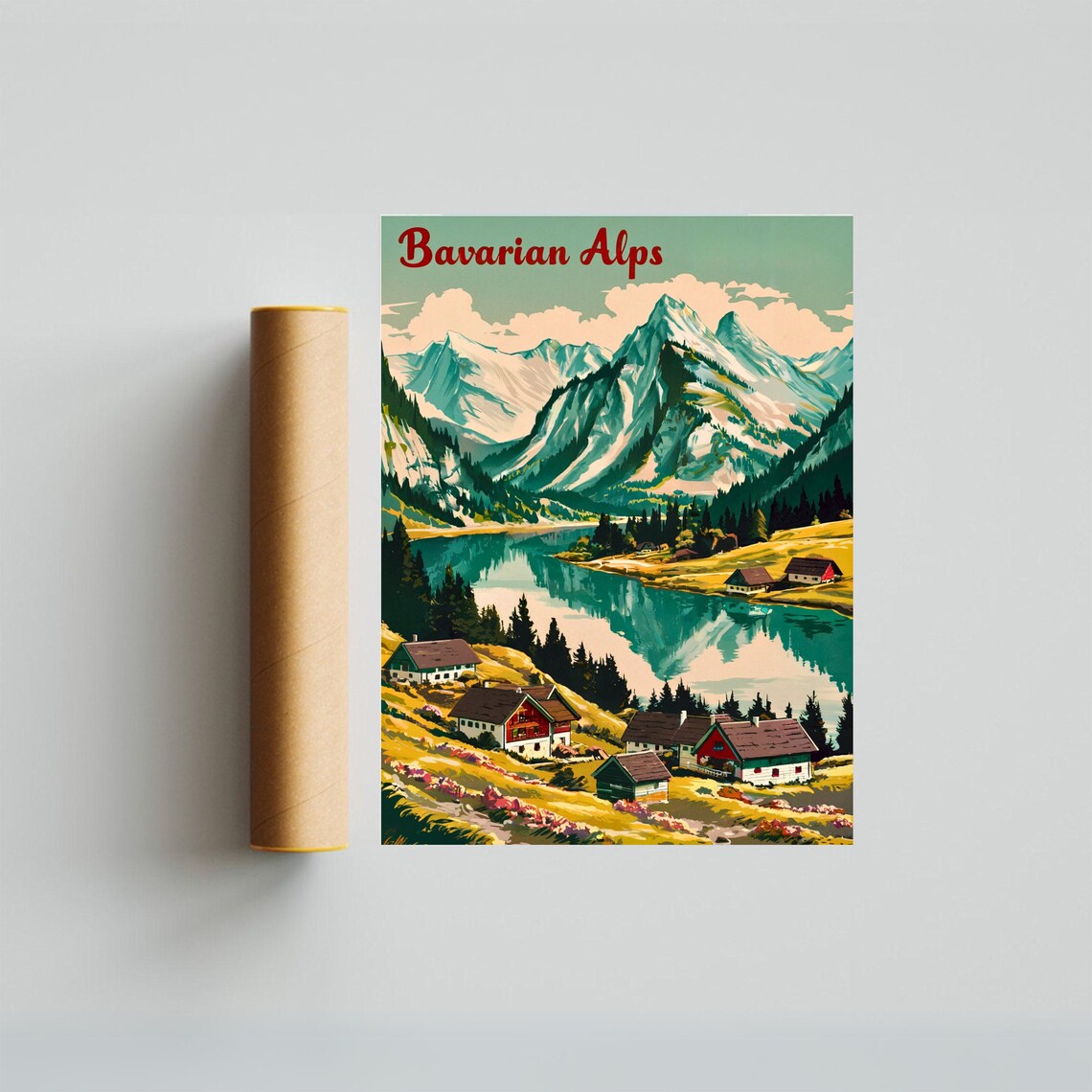 Bavarian Alps Germany Travel Poster Mountain Lake Village Vintage Art - Image 3