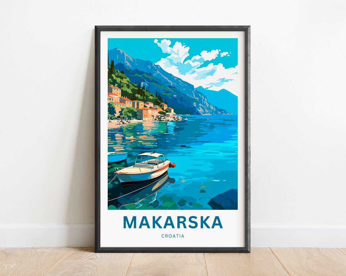 Makarska Croatia Harbor Boats Mountain Coast Scene Travel Poster