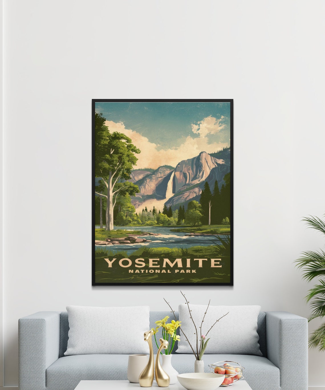 Yosemite National Park Travel Poster with Waterfall River and Meadow