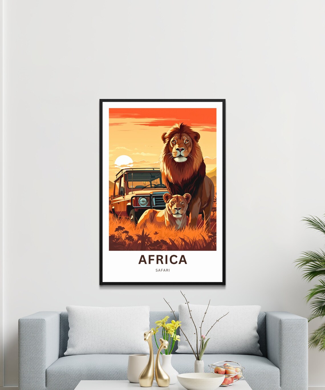 Africa Safari Lion Pair with Safari Vehicle Sunset Grass Poster - Image 3