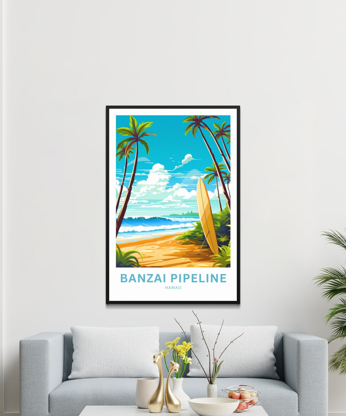Banzai Pipeline Hawaii Surfboard on a Tropical Beach Art Poster - Image 3