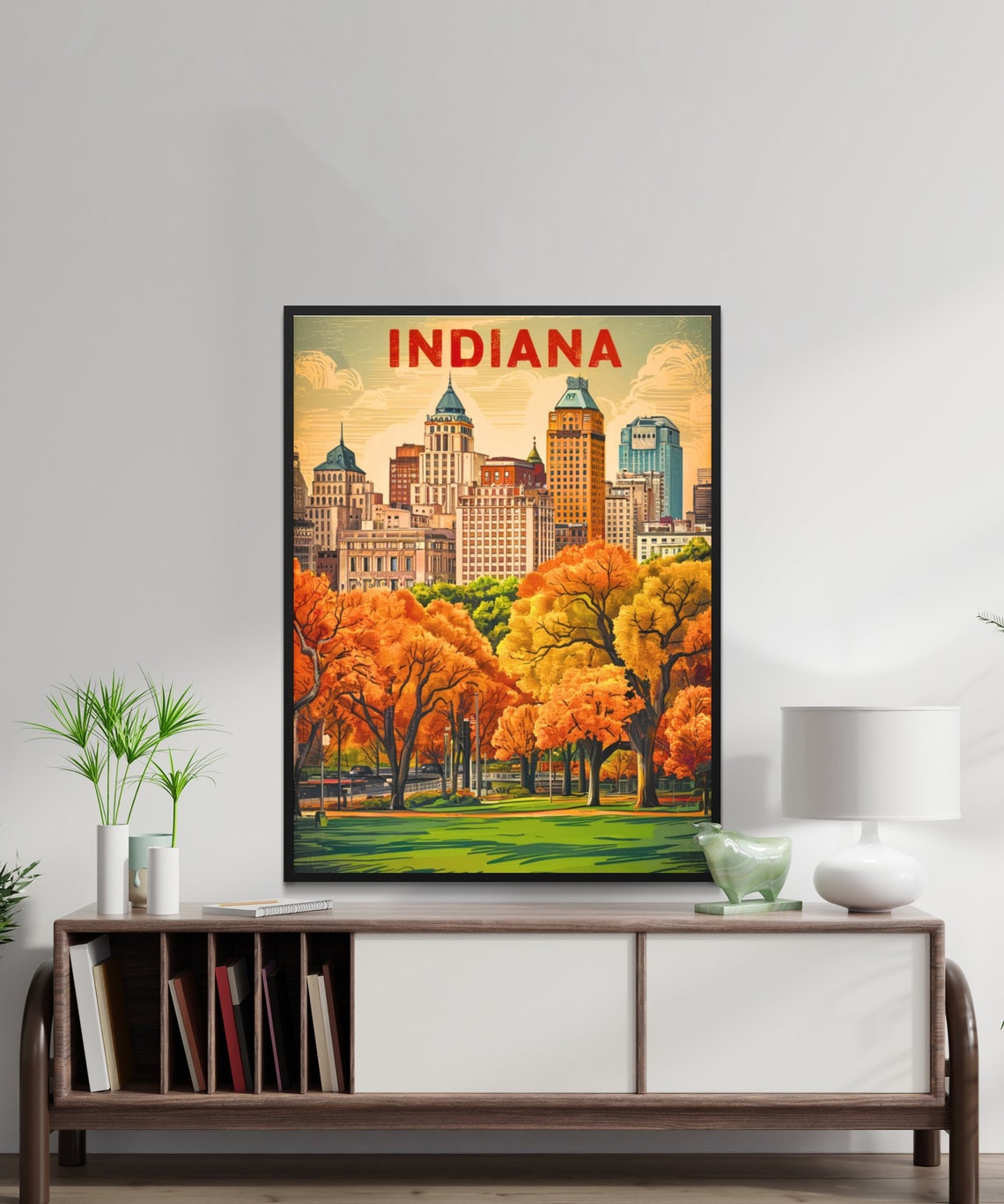 Indiana Retro City Skyline Autumn Trees Warm Fall Travel Poster - Image 3