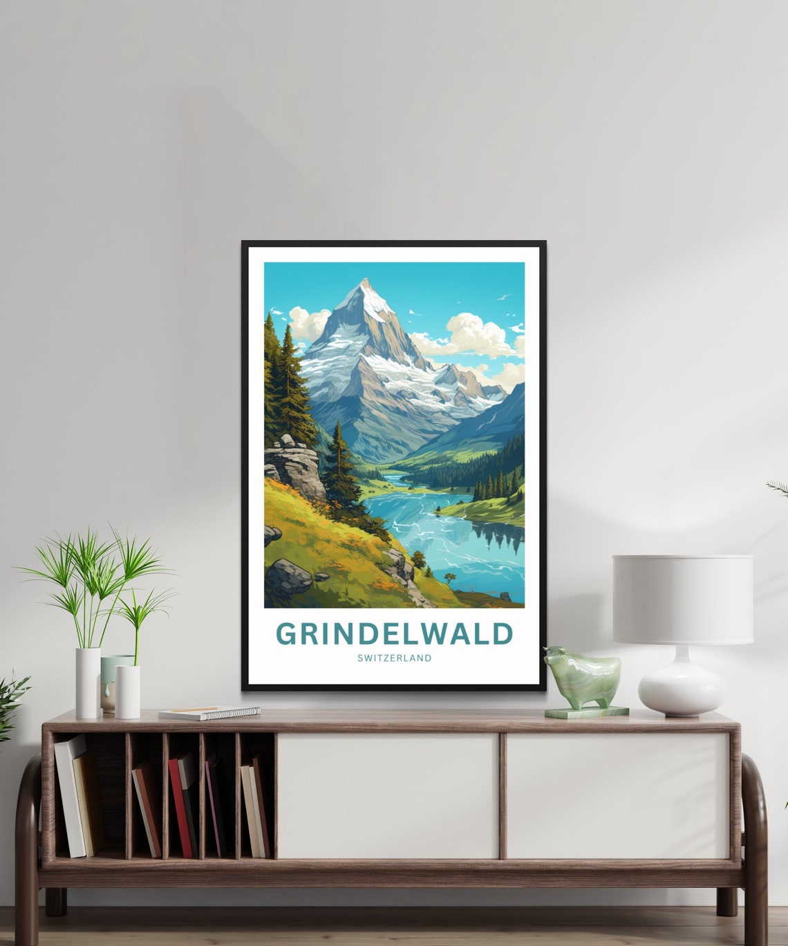 Grindelwald Switzerland Snow Peak Alpine Lake Meadow View Poster - Image 2