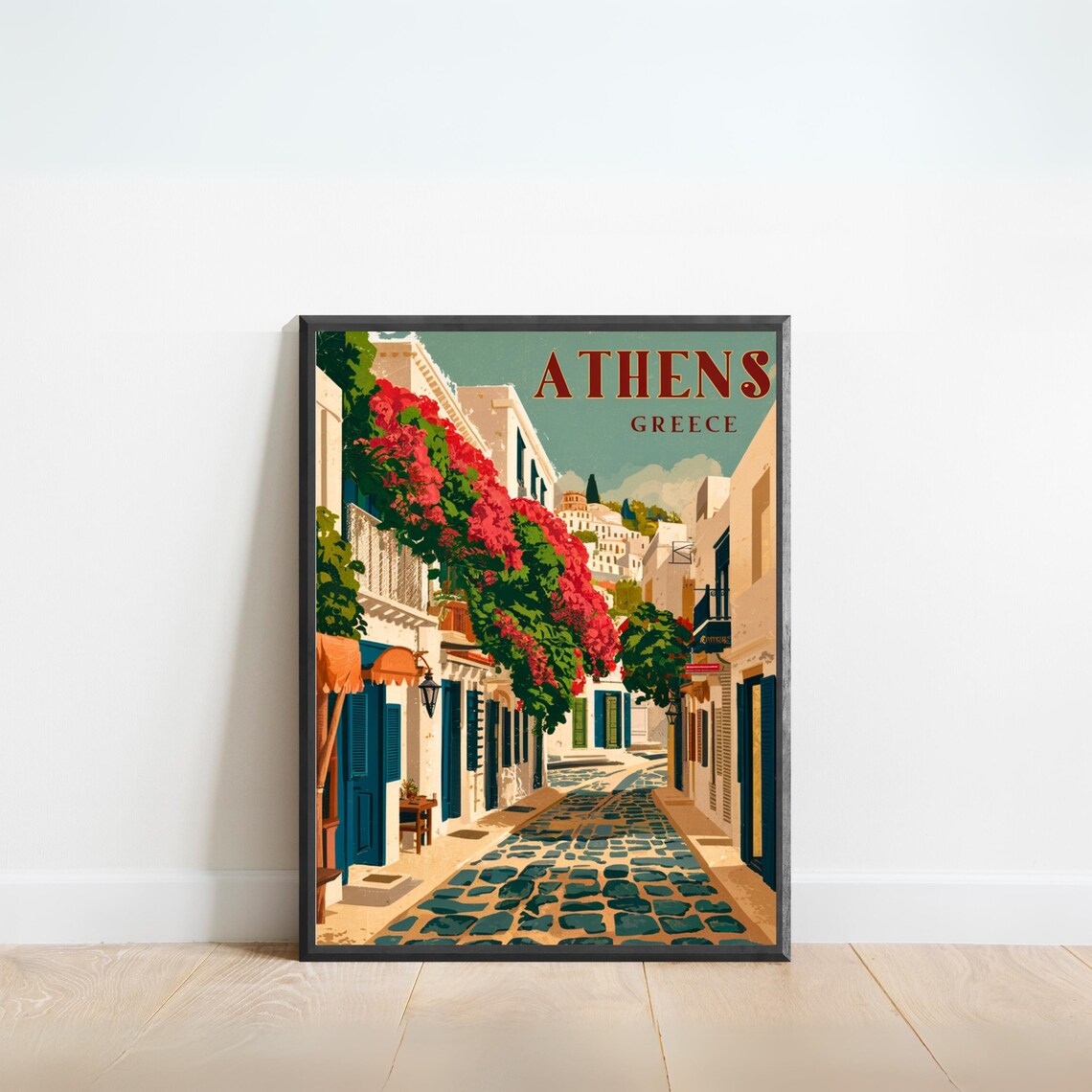 Athens Greece Old Street Bougainvillea Vintage Travel Poster