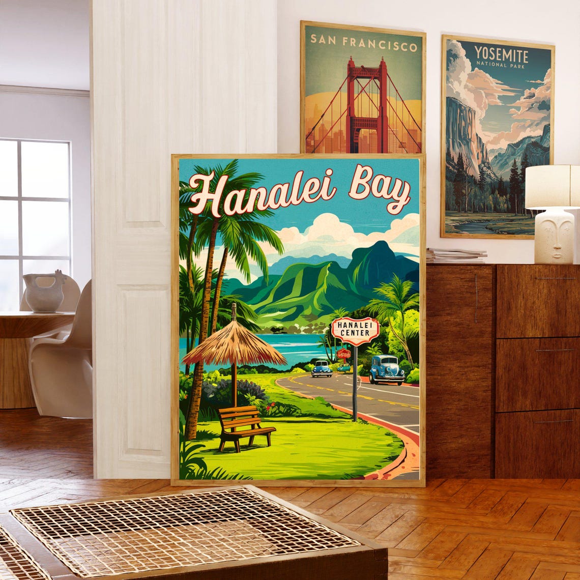 Hanalei Bay Hawaii Palm Roadside Scene Vintage Travel Poster - Image 5