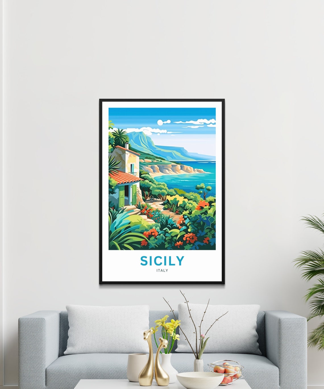 Sicily Italy Custom Text Hillside Villa Flower Coast Travel Poster - Image 3