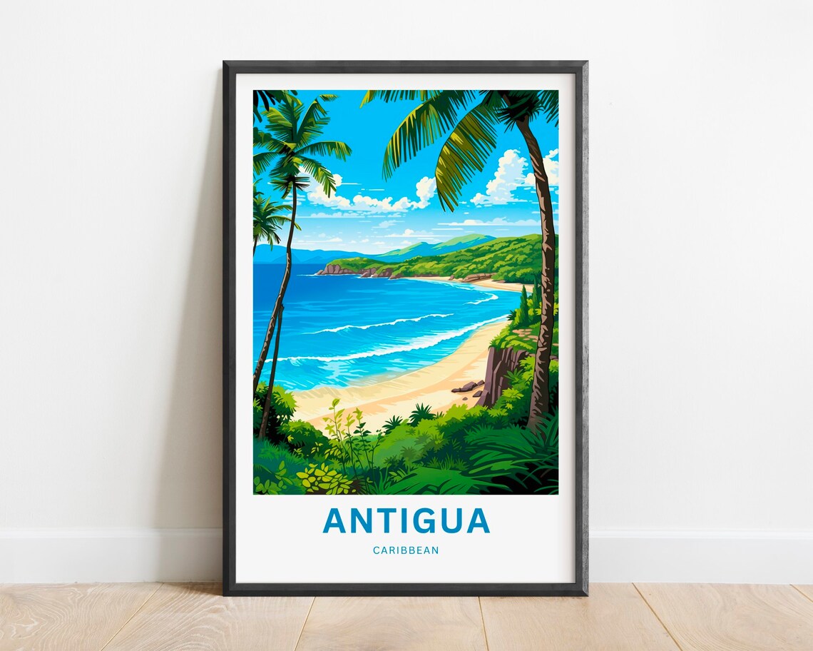 Antigua Caribbean Palm Beach Cove Tropical Vintage Travel Poster