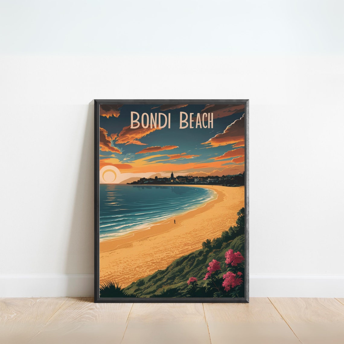 Bondi Beach Fiery Sunset Clouds Lone Walker Golden Shore Poster
