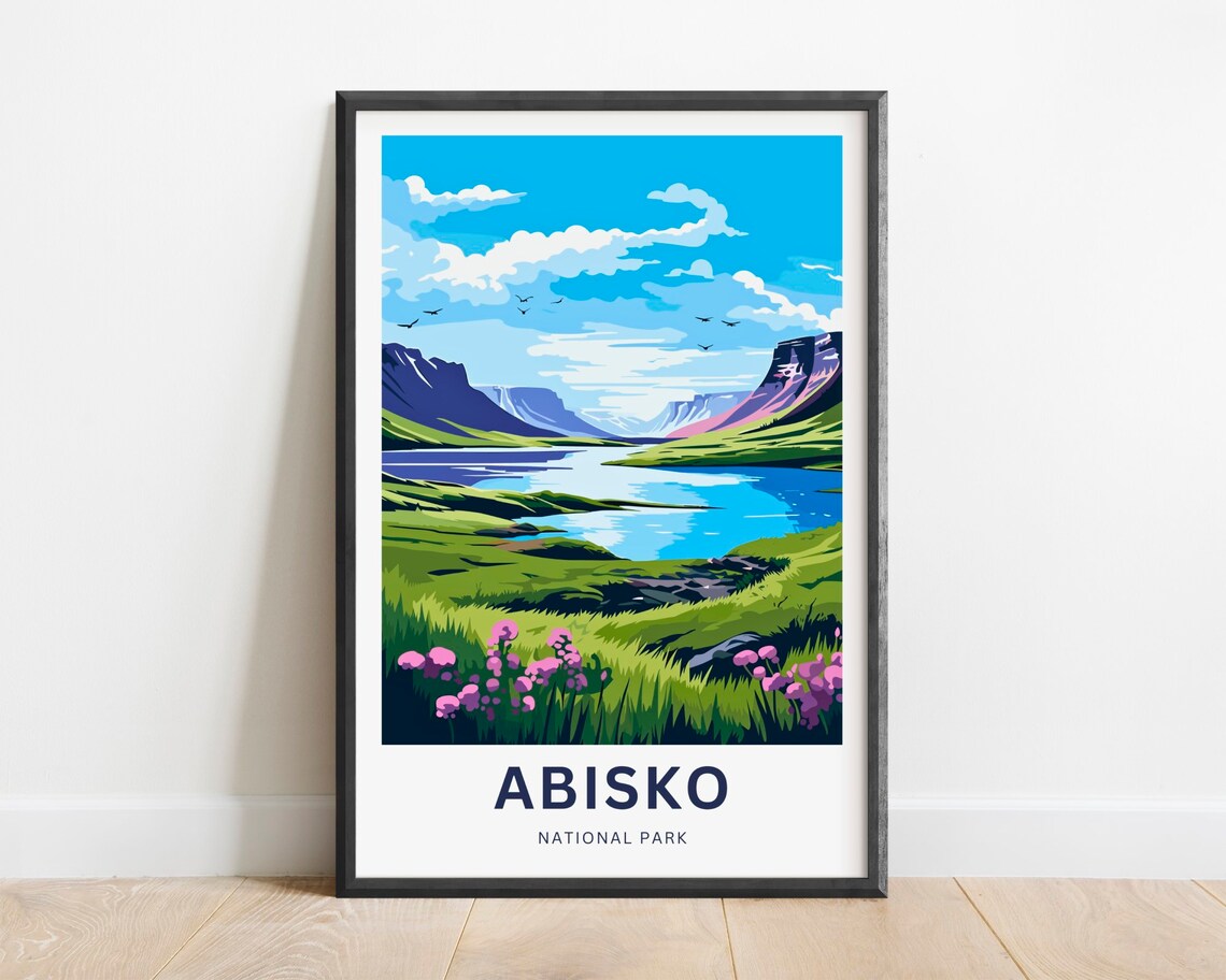 Abisko National Park Alpine Lake and Wildflowers Illustrated Poster