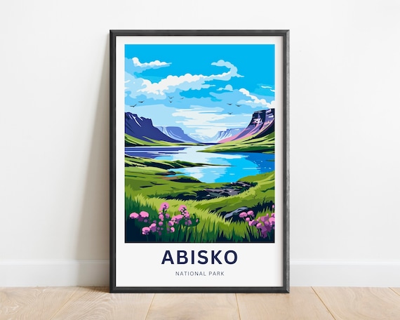Abisko National Park Alpine Lake and Wildflowers Illustrated Poster