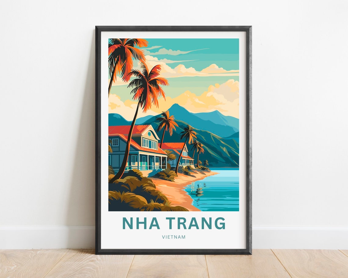 Nha Trang Vietnam Tropical Beach Villas and Palm Trees Travel Poster