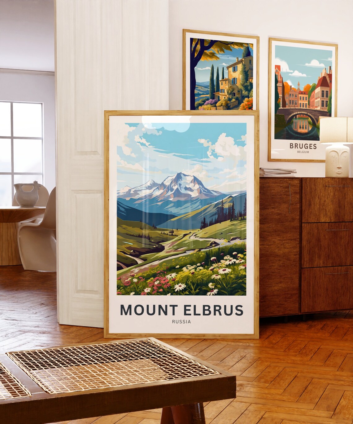 Mount Elbrus Russia Snowy Peaks Wildflower Meadow Scene Travel Poster - Image 5