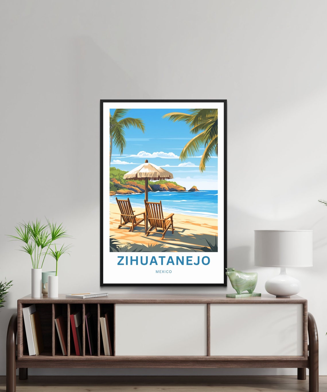 Zihuatanejo Mexico Beach Chairs Umbrella Palm Relaxing Day Poster - Image 2