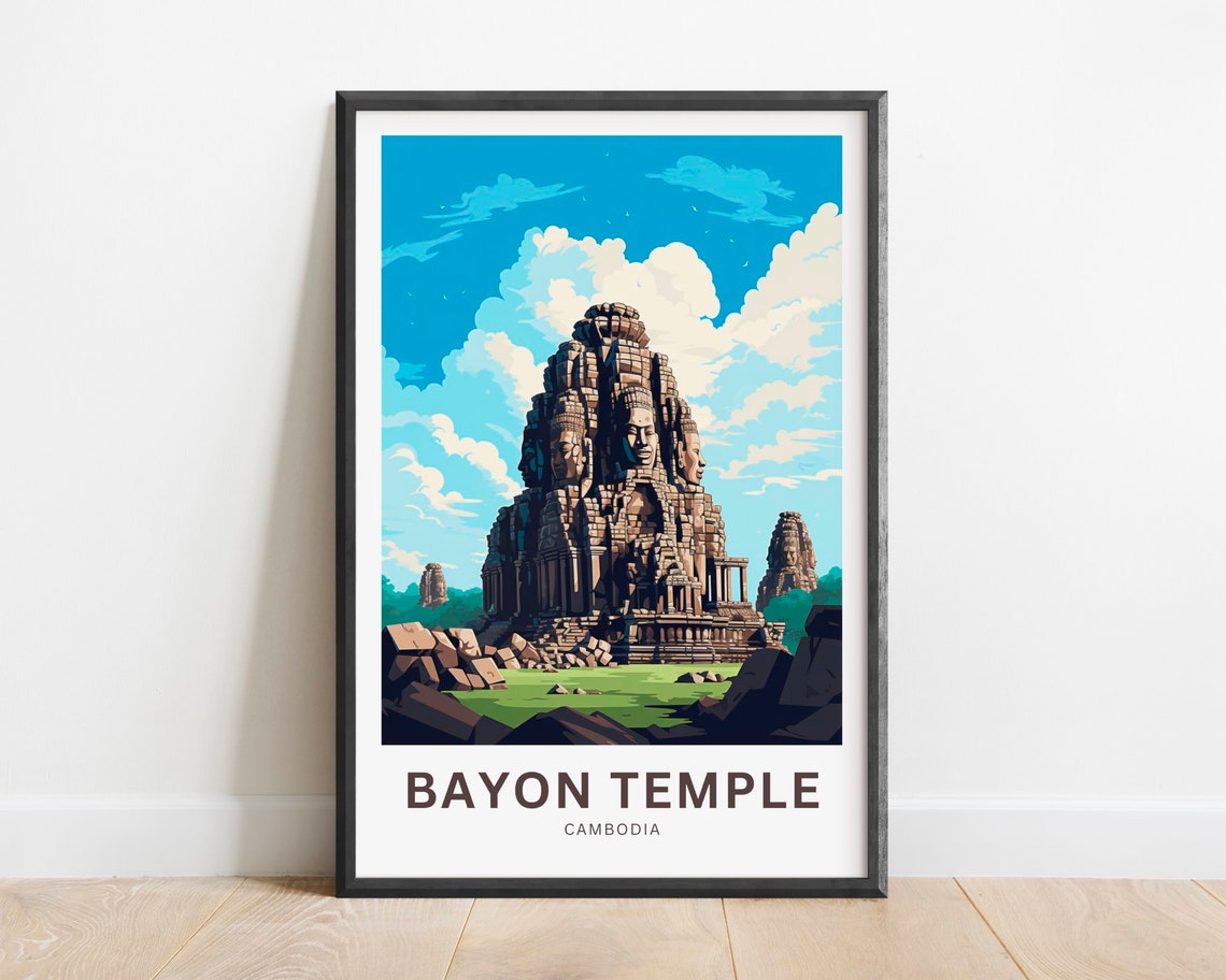 Bayon Temple Cambodia Stone Faces Angkor Vintage Travel Poster