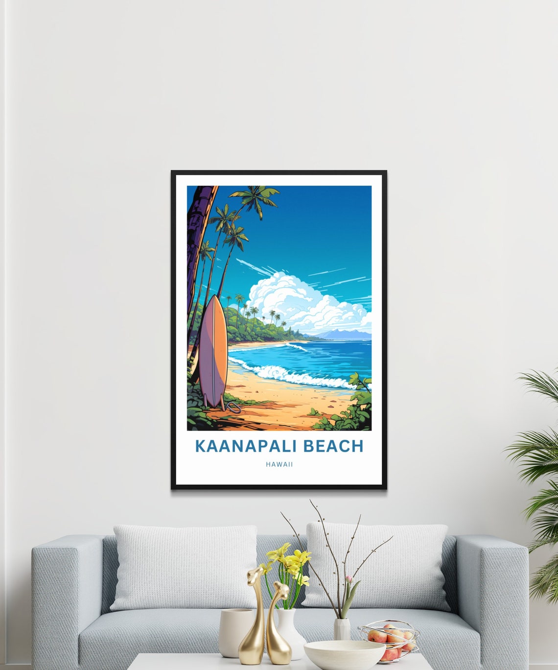 Kaanapali Beach Hawaii Surfboard Palms Custom Text Travel Poster - Image 3