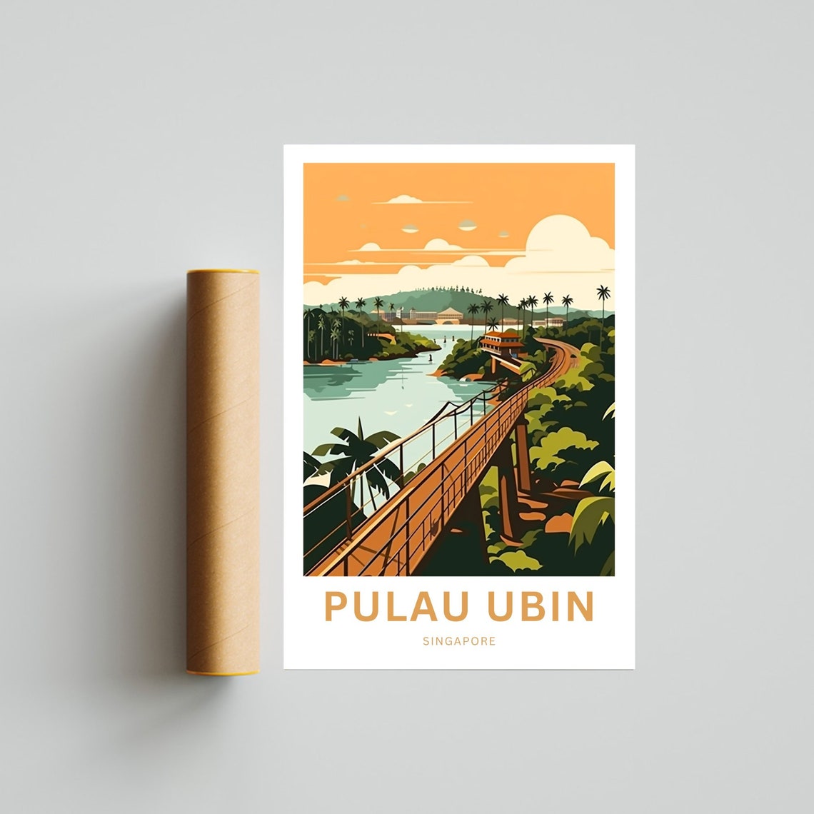 Pulau Ubin Singapore Sunset Boardwalk Palm Trees Island Travel Poster - Image 4