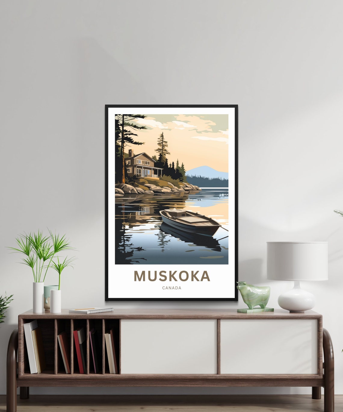 Muskoka Canada Lakeside Cabin Rowboat Vintage Sunset Travel Poster - Image 2