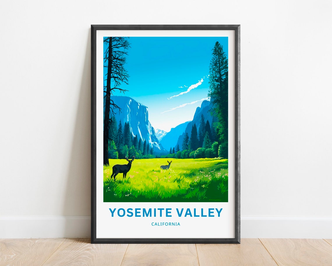 Yosemite Valley California Meadow Deer Granite Travel Poster