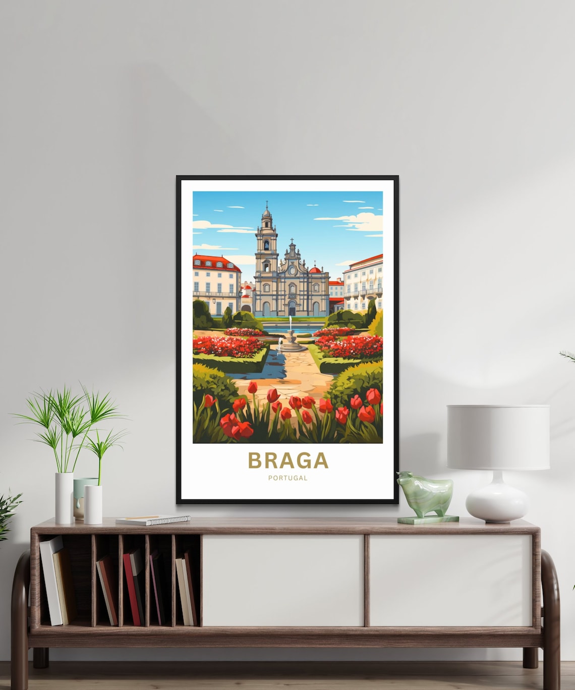 Braga Portugal Baroque Church Courtyard Tulip Garden Travel Poster - Image 2