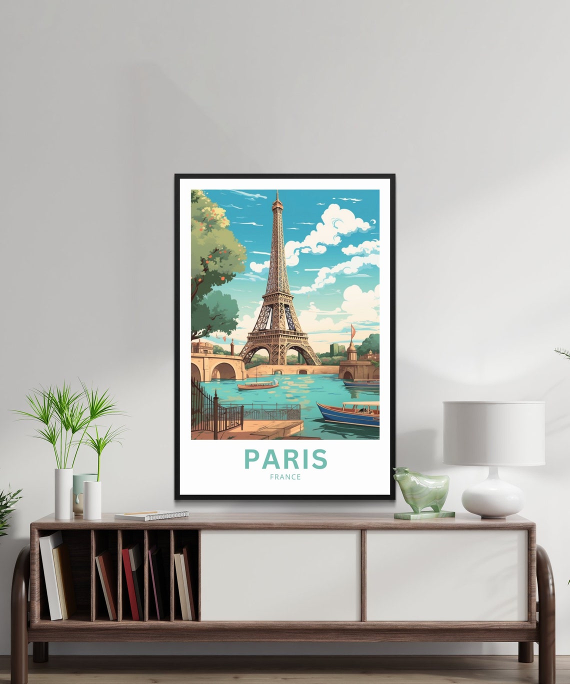 Paris France Eiffel Tower Bridge Boats Waterfront Travel Poster - Image 3
