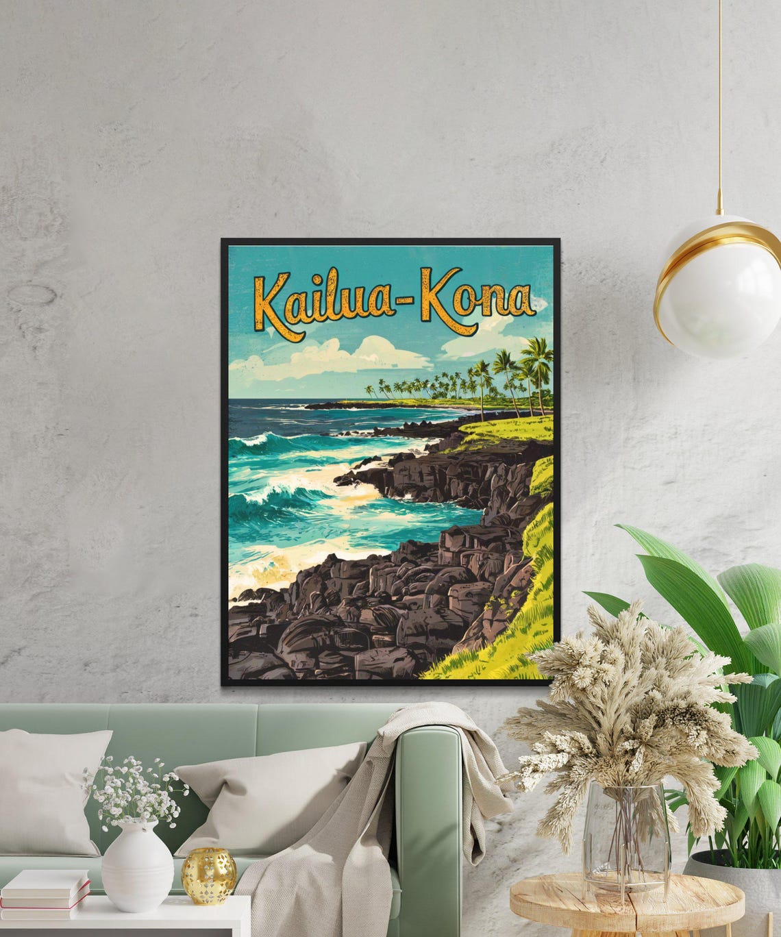 Kailua Kona Hawaii Vintage Lava Coast Palm Trees Travel Poster - Image 4