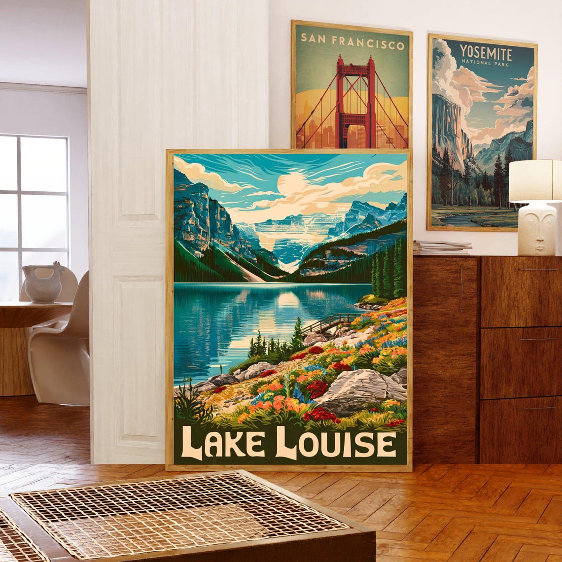 Lake Louise Wildflower Shoreline Alpine Lake Sunrise Vintage Poster - Image 5